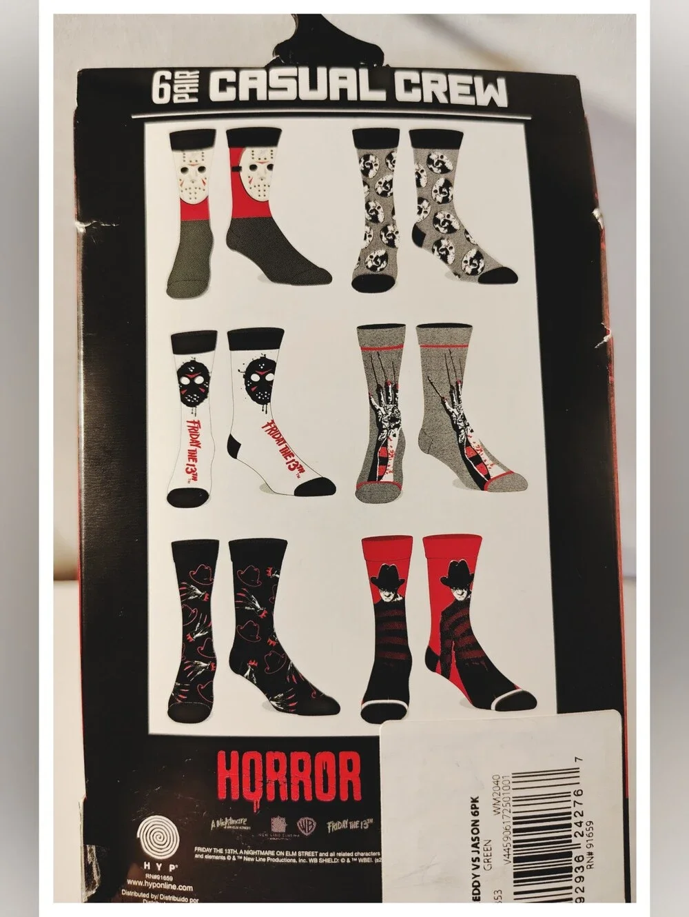 Novelty Horror Crew Socks ☠️ FREDDY & JASON ☠️ 6-Pair  Fits Shoe Size 8-12 *NIP*